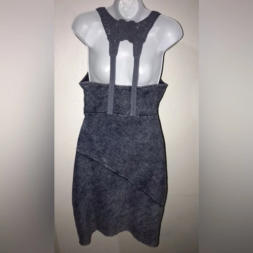 Free People (Size Large) Bodycon Mini Dress Blue/Pink, Thick Knit Floral Straps